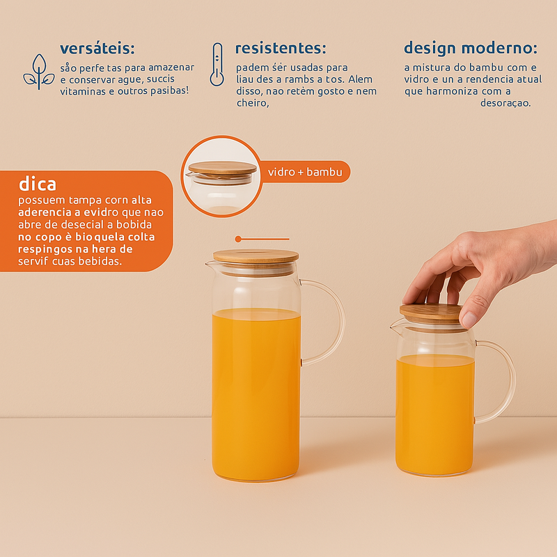 Kit 2 Jarras de Vidro Borossilicato Suco com Tampa de Bambu