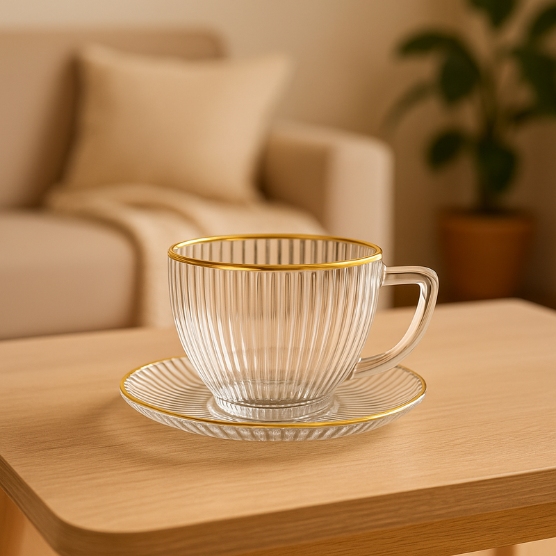 Jogo de Xícaras com Pires Borda Dourada