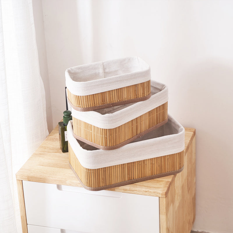 Trio Elegance - Jogo de Cestos Organizadores Bambu Forrado 3 Peças