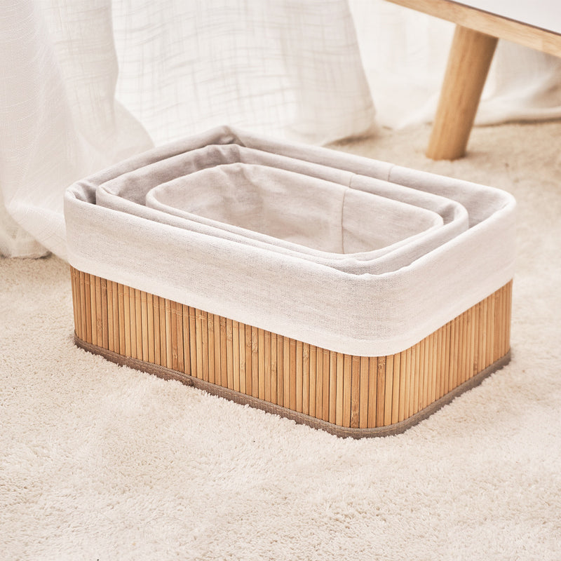 Trio Elegance - Jogo de Cestos Organizadores Bambu Forrado 3 Peças