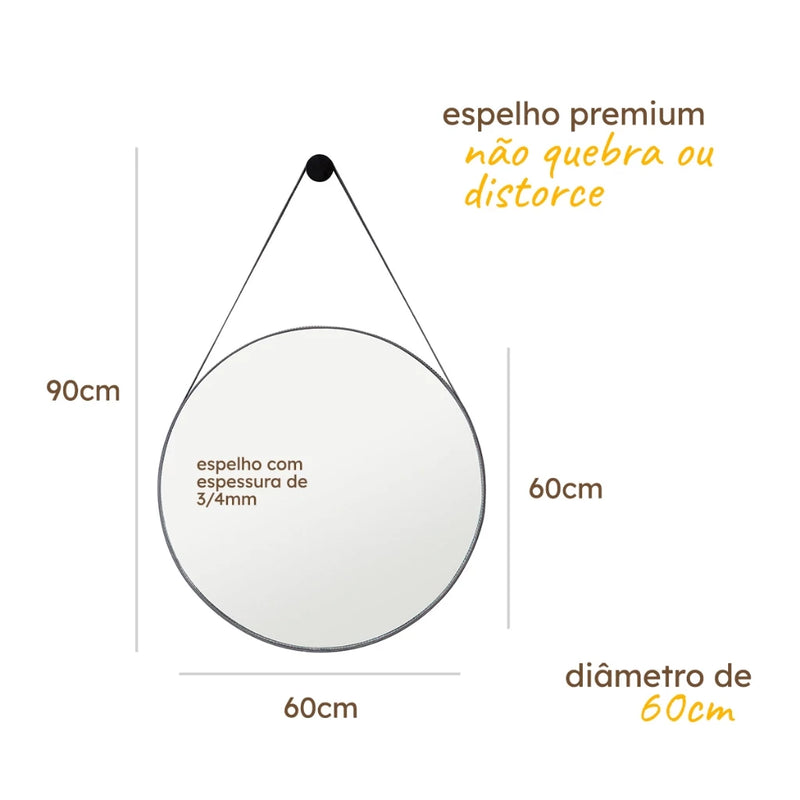 Espelho Elegance Premium - Alça Em Couro 60cm + Suporte