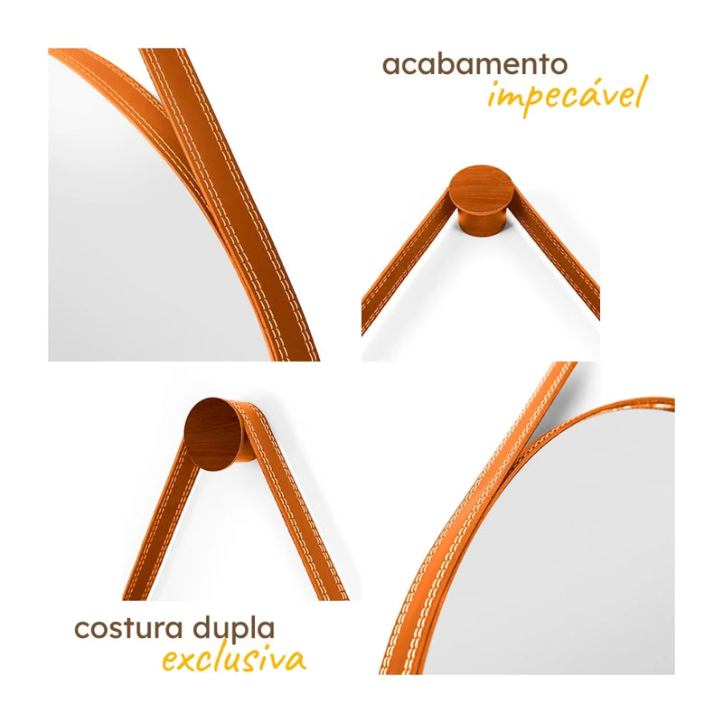 Espelho Elegance Premium - Alça Em Couro 60cm + Suporte