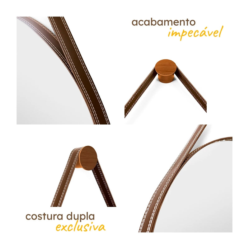 Espelho Elegance Premium - Alça Em Couro 60cm + Suporte