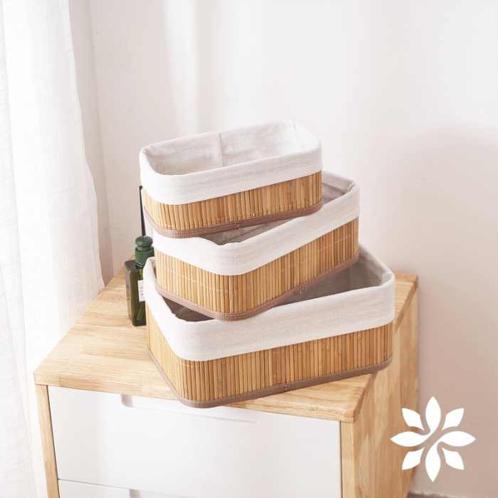 Trio Elegance - Jogo de Cestos Organizadores Bambu Forrado 3 Peças