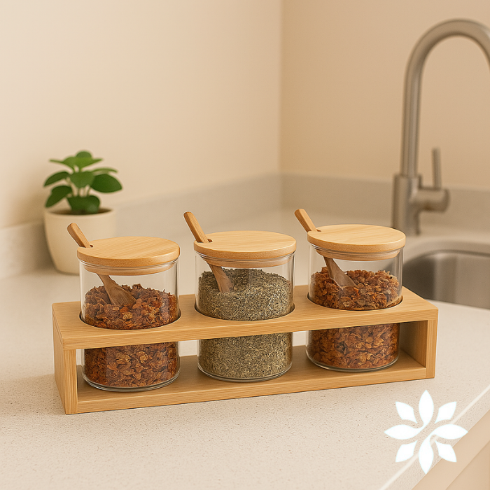 Kit 3 Potes de Vidro 300ml com Suporte de Bambu Leve Essência