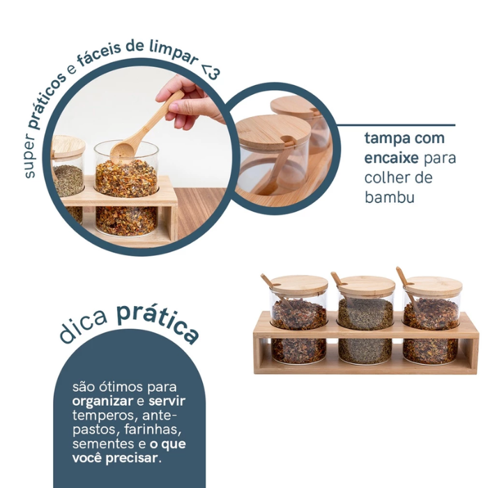 Kit 3 Potes de Vidro 300ml com Suporte de Bambu Leve Essência