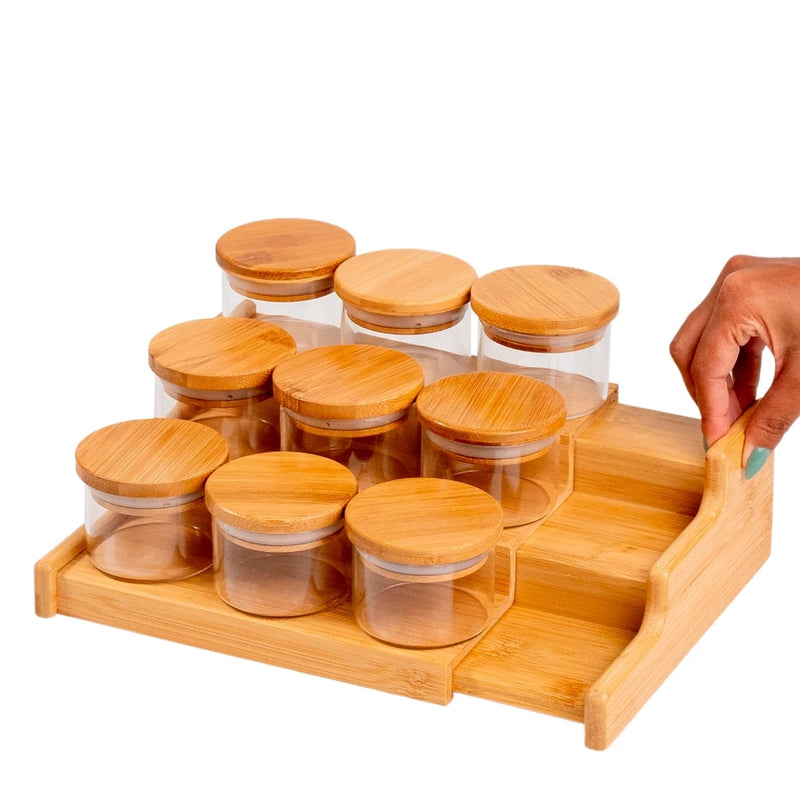 Kit 9 Potes Tampa Bambu e Rack Organizador  Leve Essência