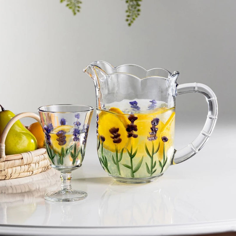 Kit Jarra e 6 Taças com Detalhes Lavanda