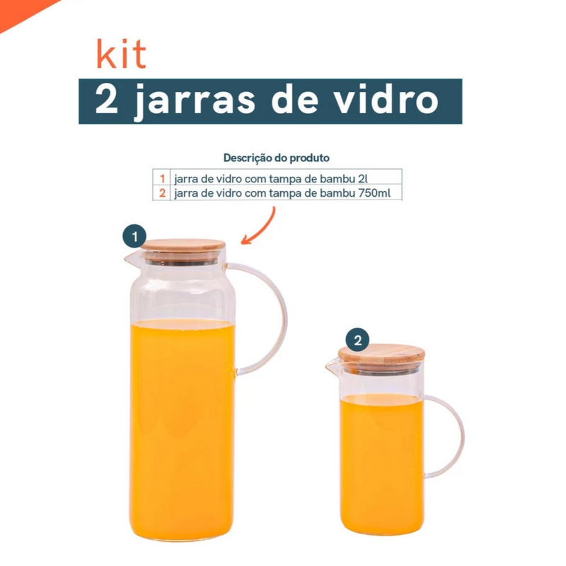 Kit 2 Jarras de Vidro Borossilicato Suco com Tampa de Bambu