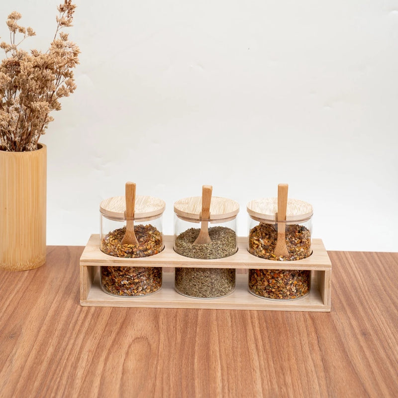 Kit 3 Potes de Vidro 300ml com Suporte de Bambu Leve Essência