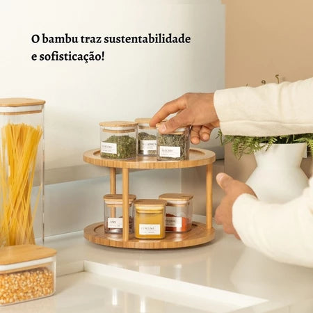 Organizador Giratório Duplo Bandeja Redonda Bambu Leve Essência
