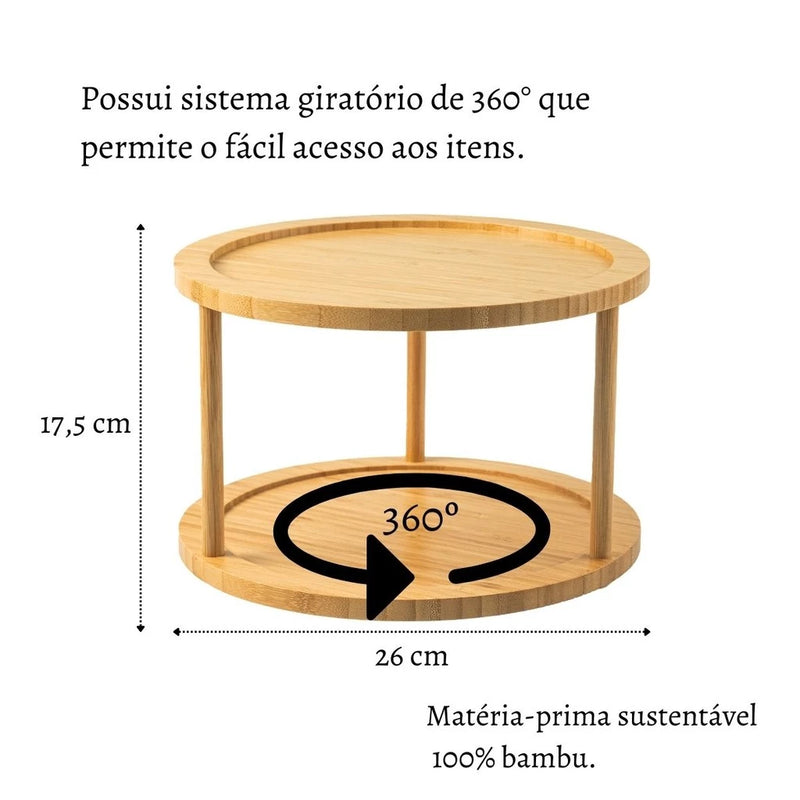 Organizador Giratório Duplo Bandeja Redonda Bambu Leve Essência